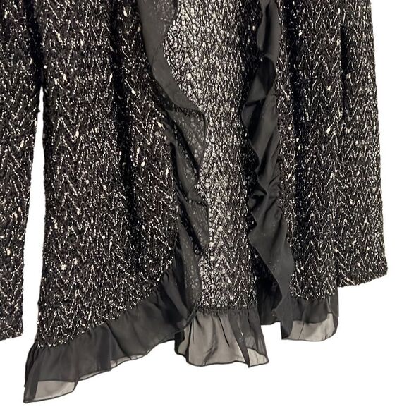 Jacket Woman’s Small Black Silver Sparkle Dress Open Coat Ruffle Trim SML Design - Picture 4 of 6